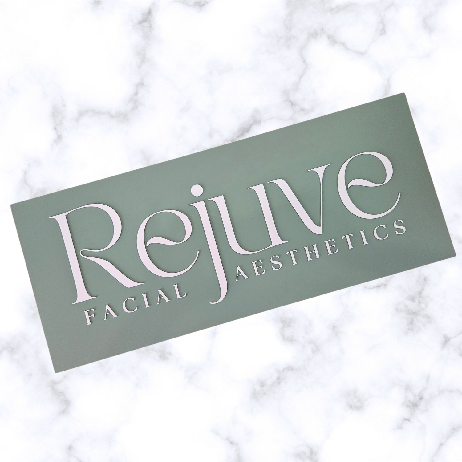 Rectangle Acrylic 3D Logo Business Sign in sage green and white letters - Rejuve Facial Aesthetics