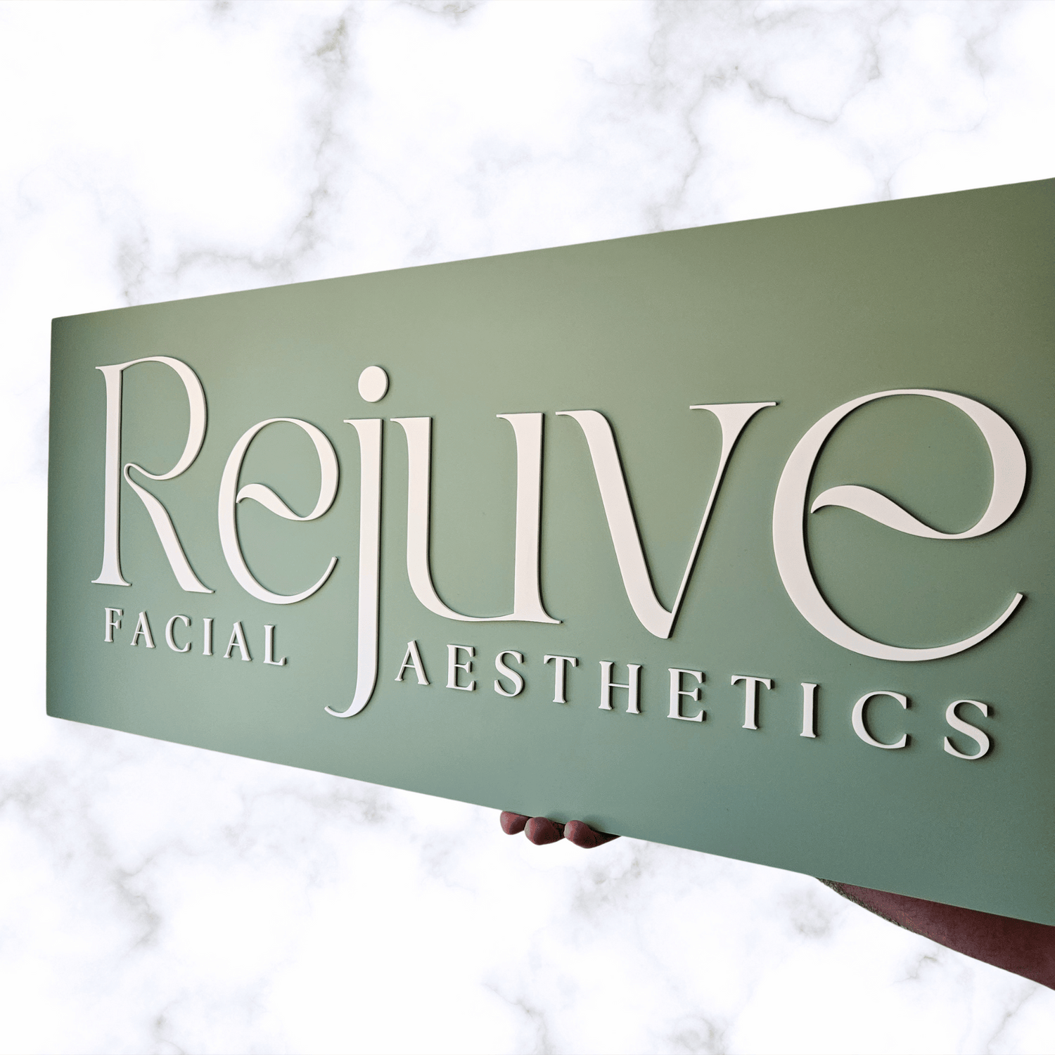 Rectangle Acrylic 3D Logo Business Sign in sage green and white letters - Rejuve Facial Aesthetics