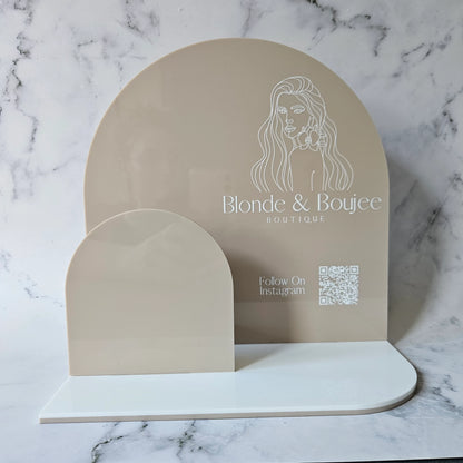 Arch Brochure Holder in Dark Beige Acrylic and White Logo and QR Code