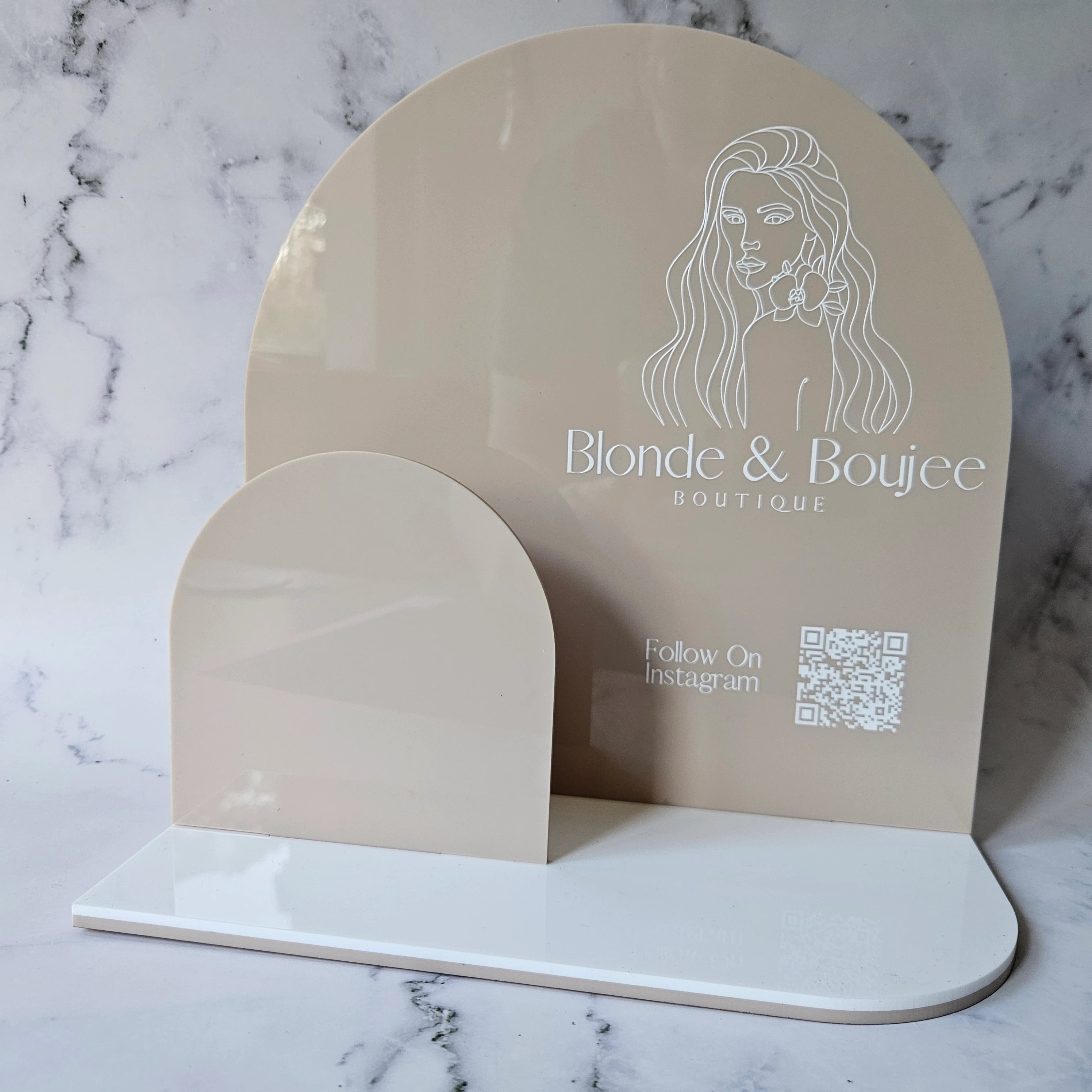 Arch Brochure Holder in Dark Beige Acrylic with White Logo and QR Code