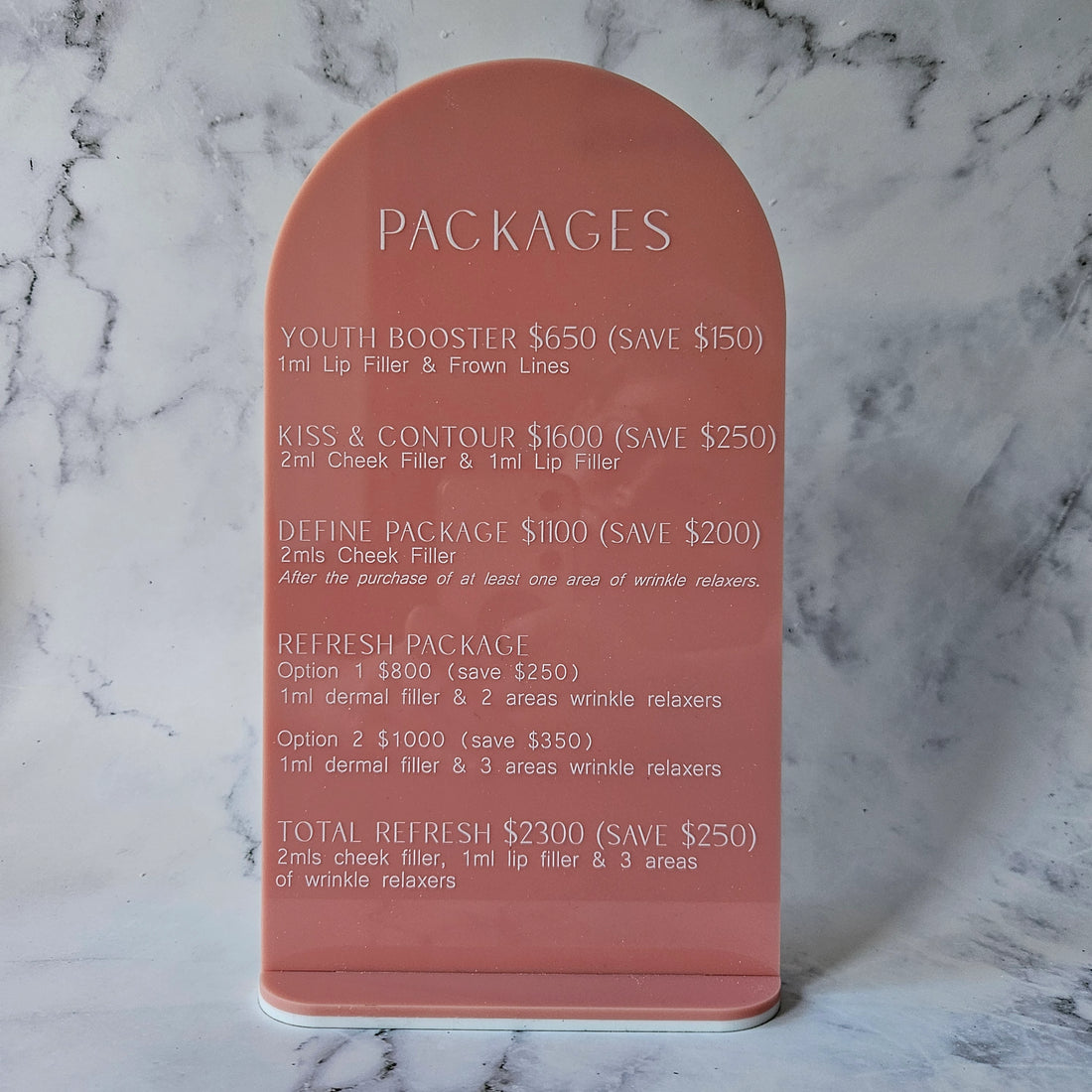 Arch Price List Sign in Pink Acrylic with White Writing