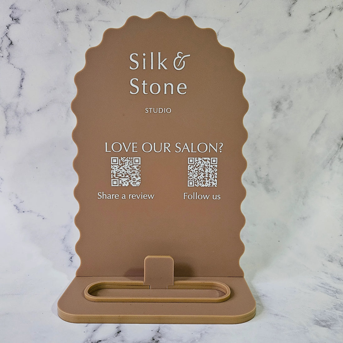 Wavy Arch QR Code Sign in Clay Acrylic with White Writing, Logo, Multi QR Codes and Business Card Holder
