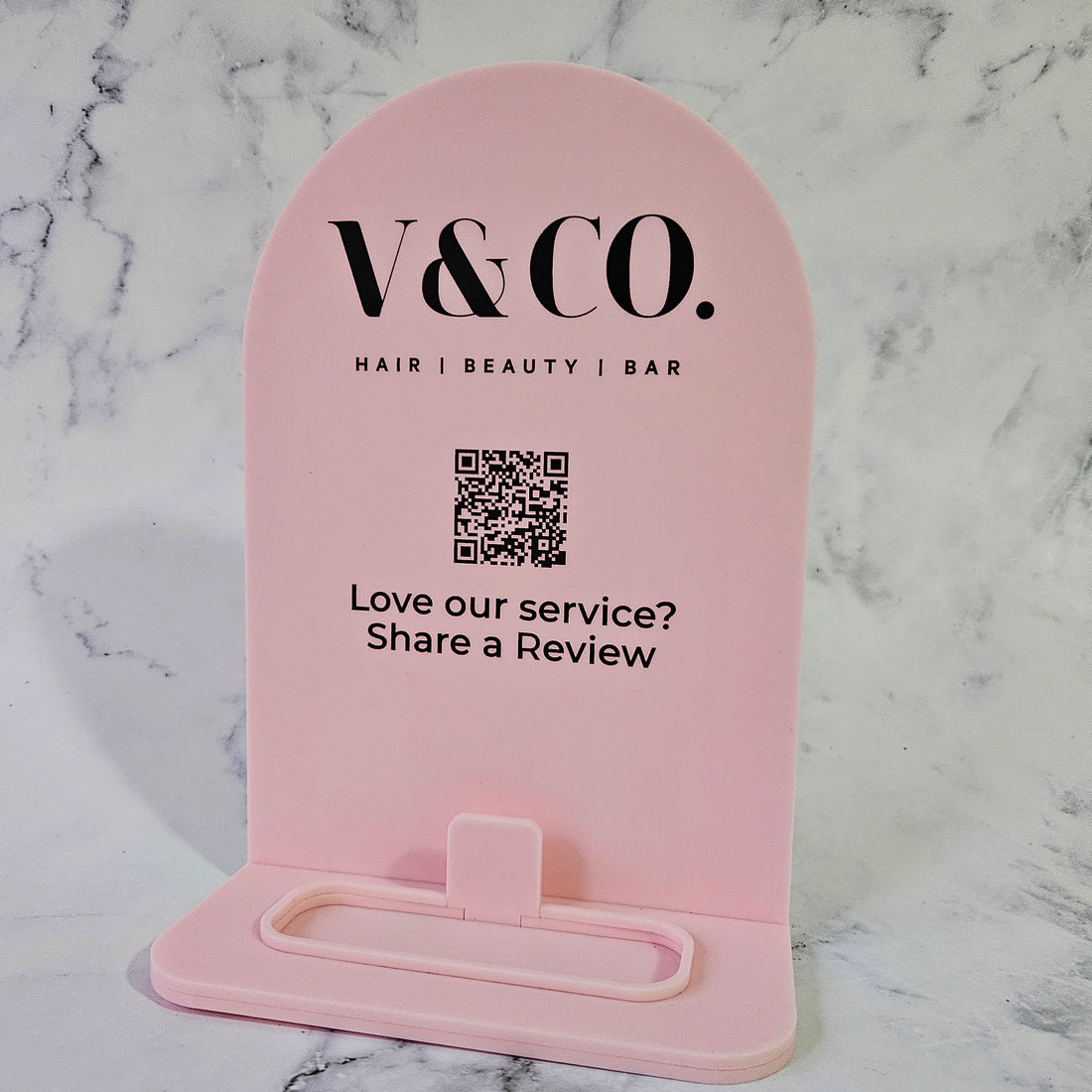 Arch QR Code Sign for Service Review in Baby Pink Acrylic and Black Writing, featuring Business Logo &amp; Card Holder - Side View