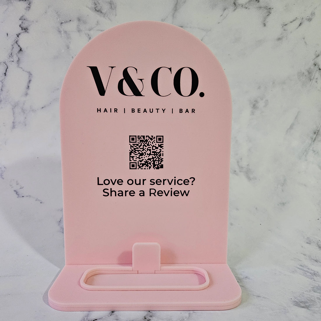 Arch QR Code Sign for Service Review in Baby Pink Acrylic and Black Writing, featuring Business Logo &amp; Card Holder