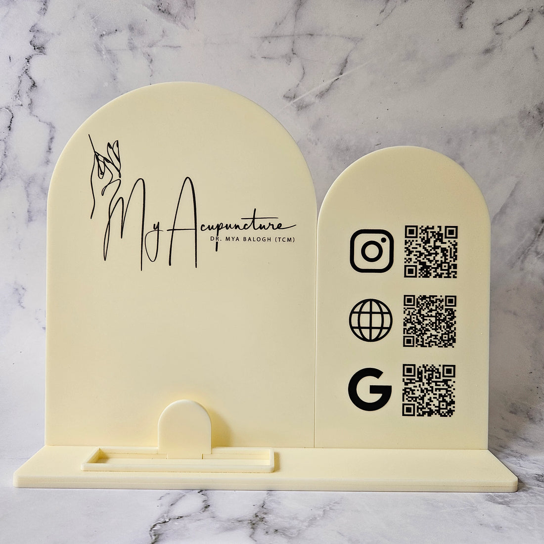 Double Arch Multi QR Code Sign in Cream Acrylic with Black Logo and business card holder