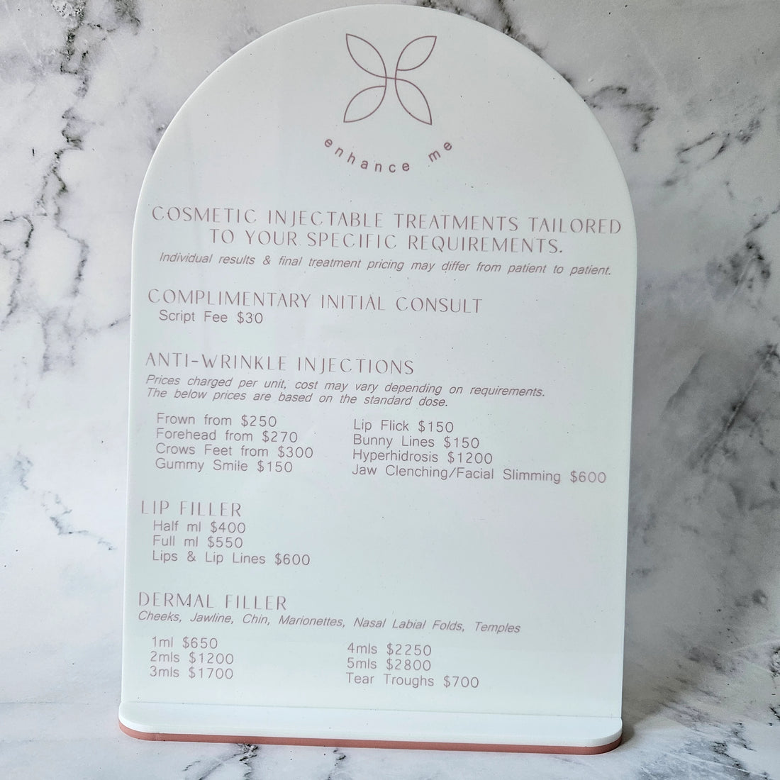 Arch Treatment Menu Price List Sign in White Acrylic with Pink Writing