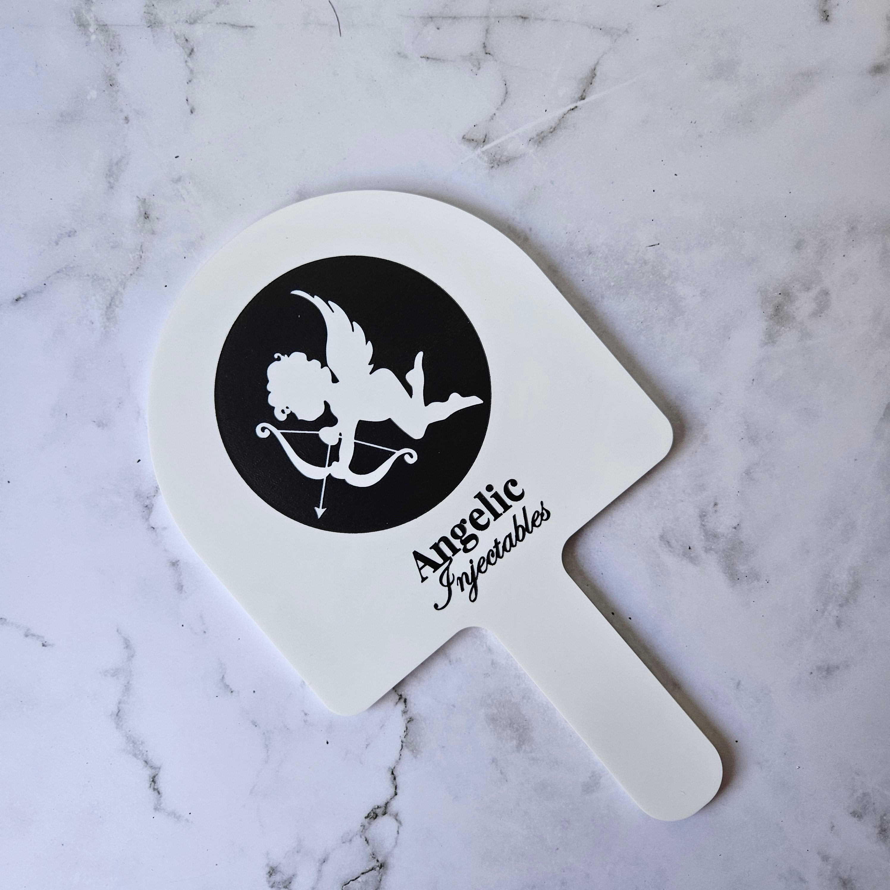 Custom Handheld Mirror with Logo for Injectable Clinic - Arch handheld mirror in white acrylic with black logo