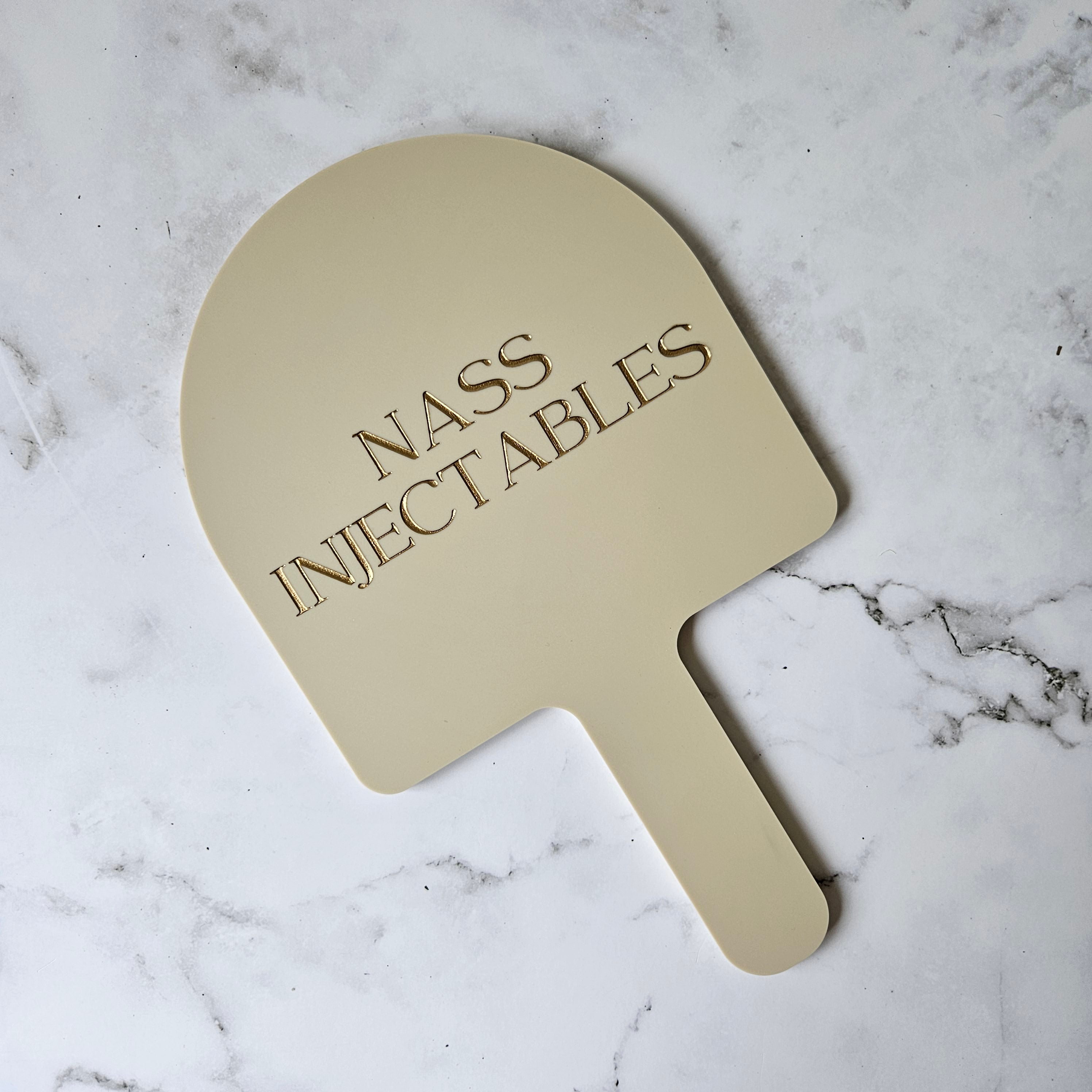 Custom Handheld Mirror with Logo for Injectable Clinic - Arch handheld mirror in Nude acrylic with Gold logo
