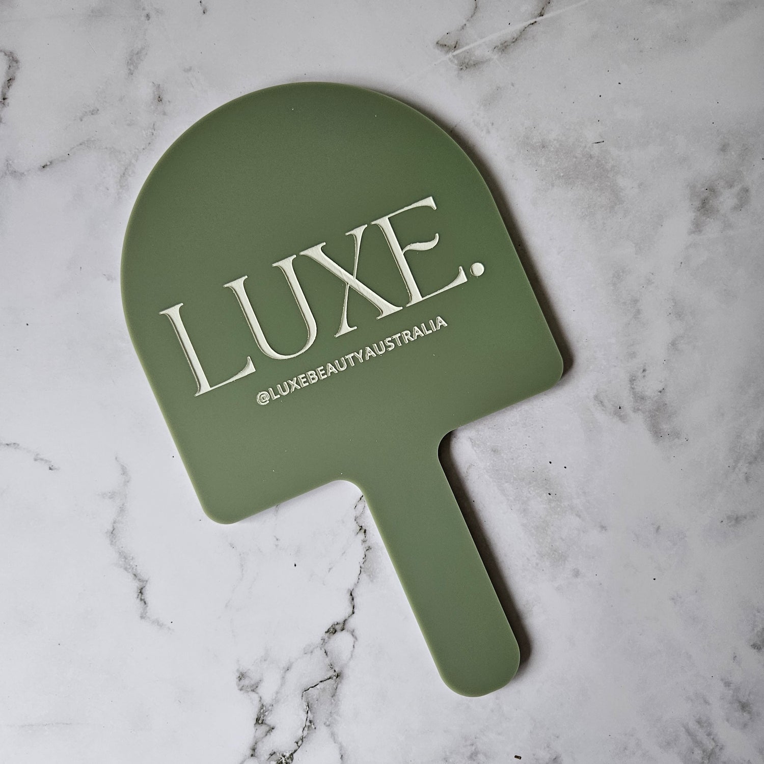 Custom Handheld Mirror with Logo for Beauty Salon - Arch handheld mirror in olive green acrylic with white logo