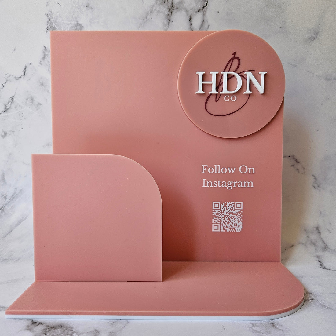 Brochure Holder with Business Card Holder, QR Code and Logo in Pink Acrylic