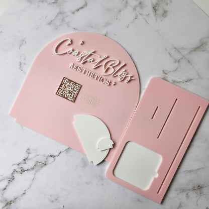 Square Dock Reader with 3D Acrylic Logo, Business Card Holder &amp; Custom QR Code for Google Reviews, Pastel Pink Acrylic with White &amp; Rose Gold Accents