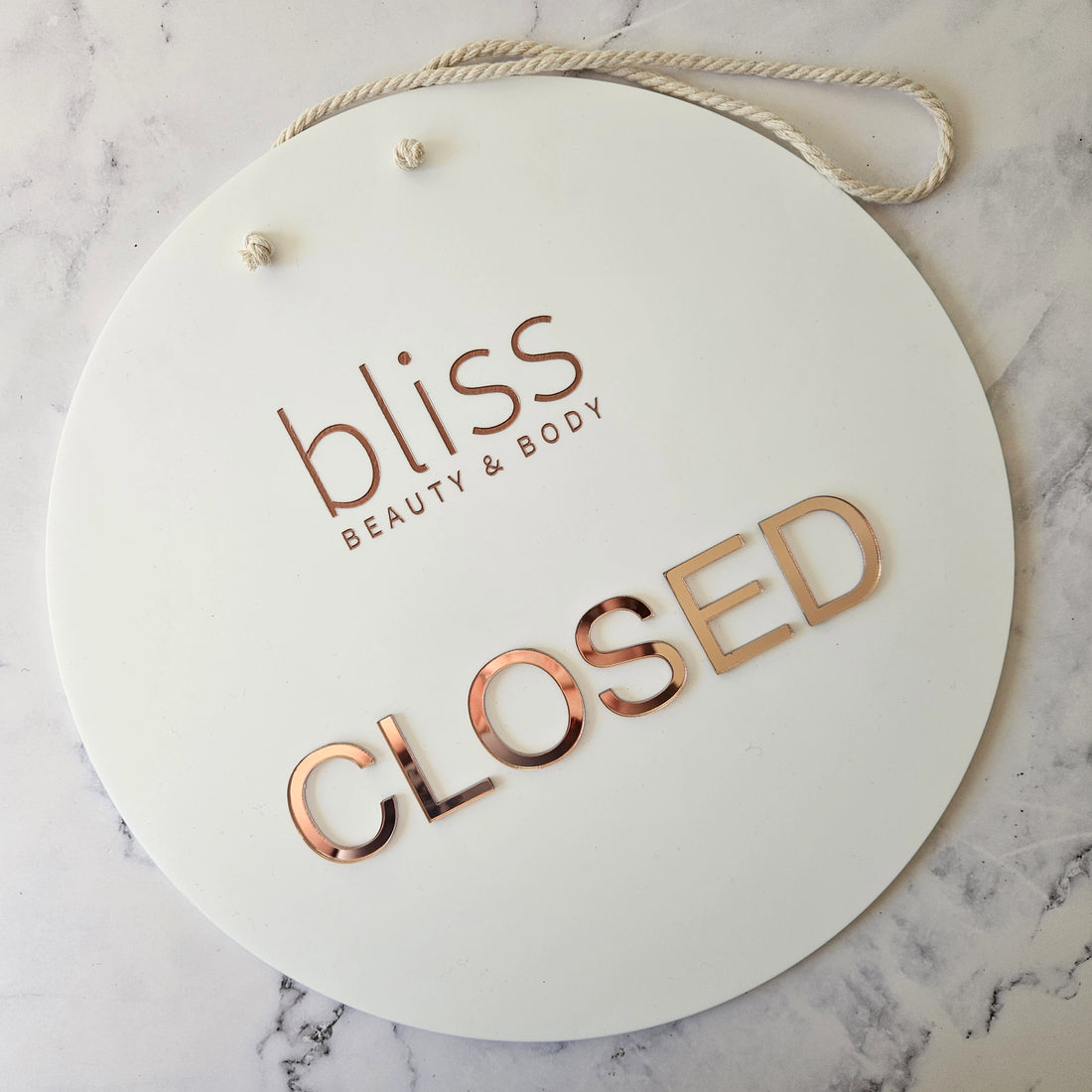 Round Closed Sign with White Acrylic and Rose Gold Logo