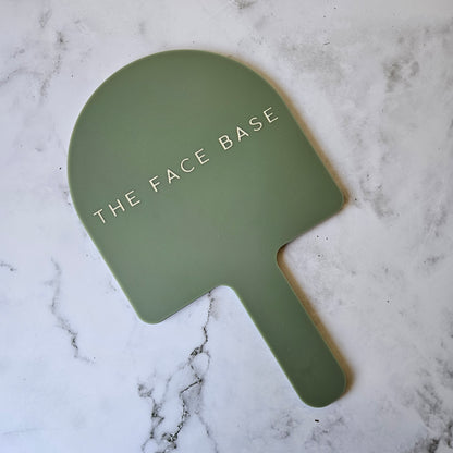 Custom Handheld Mirror with Logo for Aesthetic Injectable Clinic - Arch handheld mirror in olive green acrylic with Cream Logo