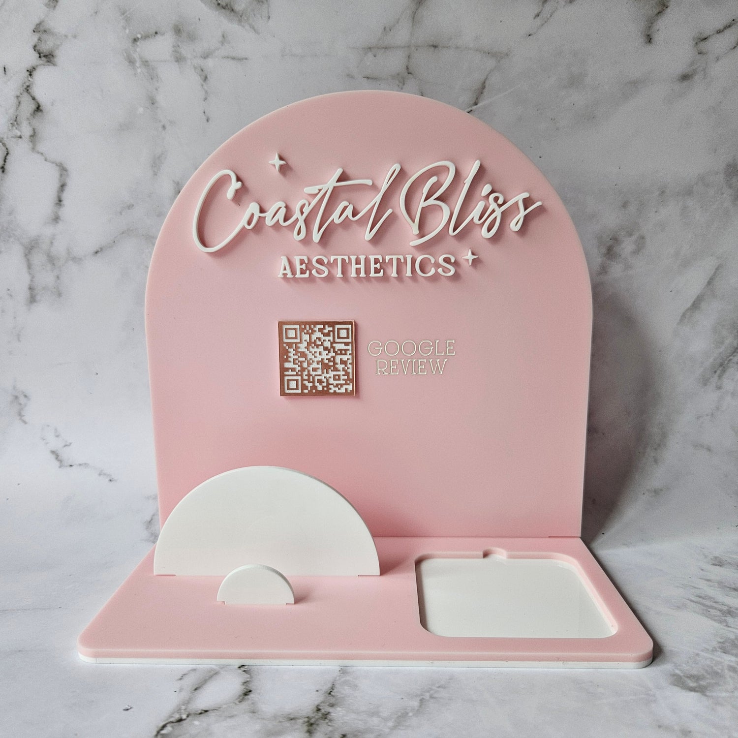 Square Dock Reader with 3D Acrylic Logo, Business Card Holder &amp; Custom QR Code for Google Reviews, Pastel Pink Acrylic with White &amp; Rose Gold Accents