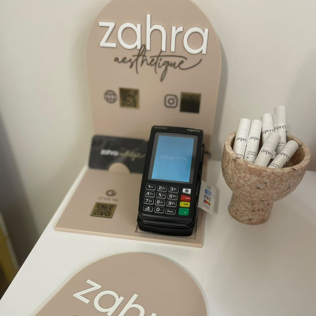 Eftpos Square Reader Dock Holder with Multi QR Codes and Logo, Arch Shaped Acrylic Sign