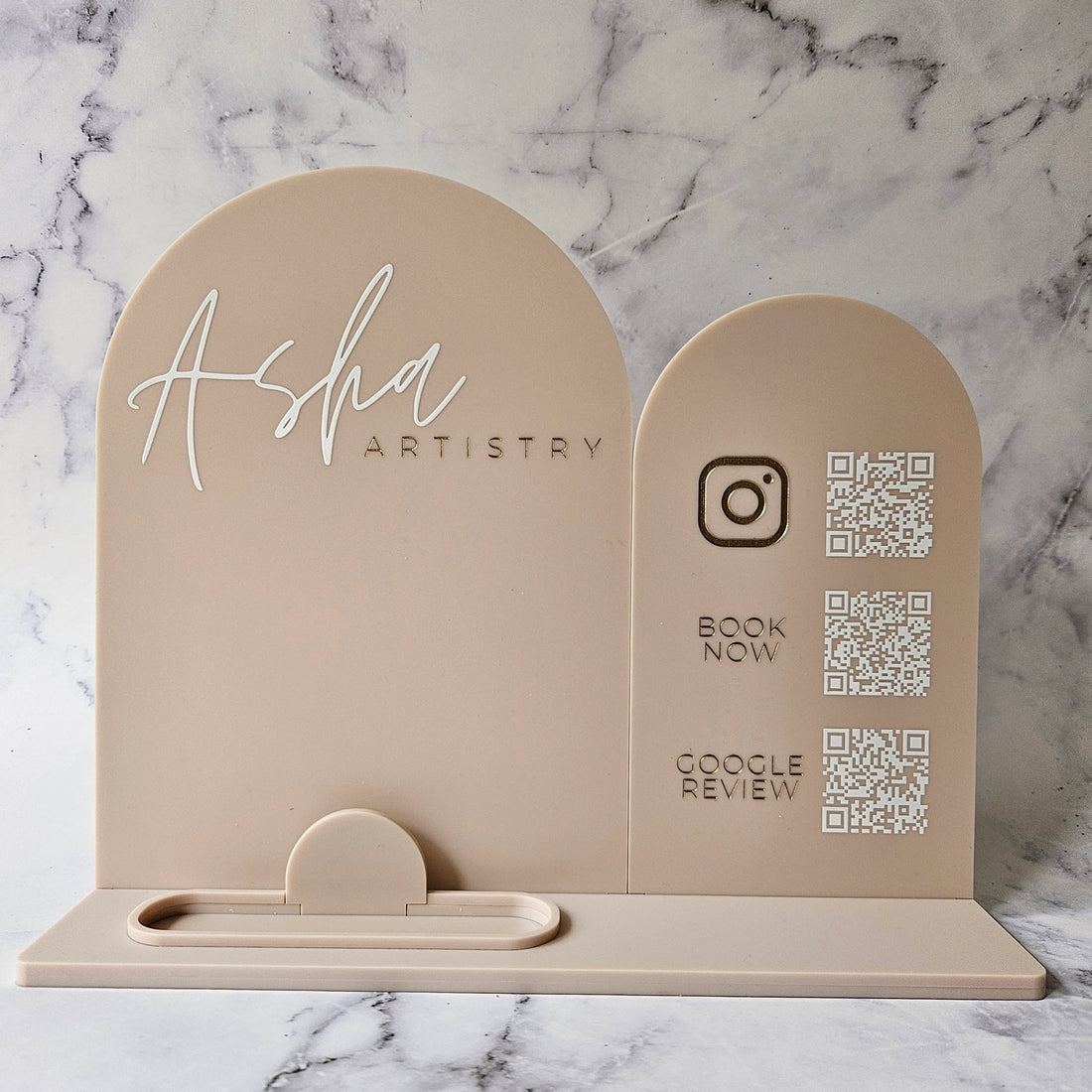 Double Arch Multi QR Code Sign with Logo and Business Card Holder, Latte Acrylic with White &amp; Gold Text