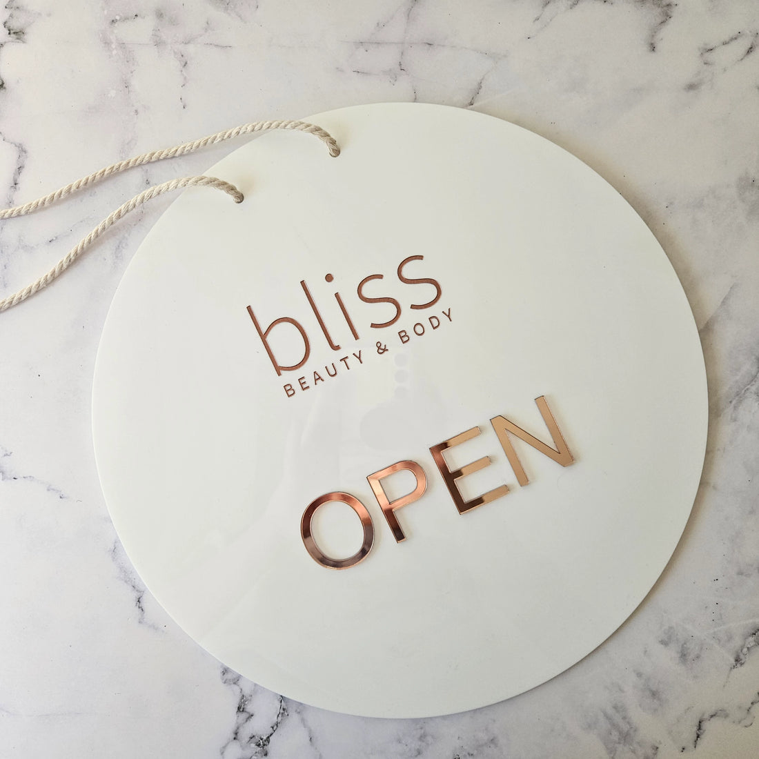 Round White Acrylic Open Sign with Rose Gold Lettering