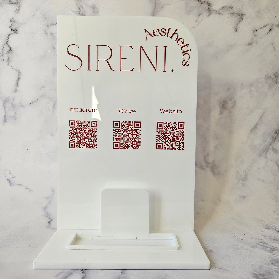 Rectangle QR Code Stand with Logo and Business Card Holder in White Acrylic and Red Lettering