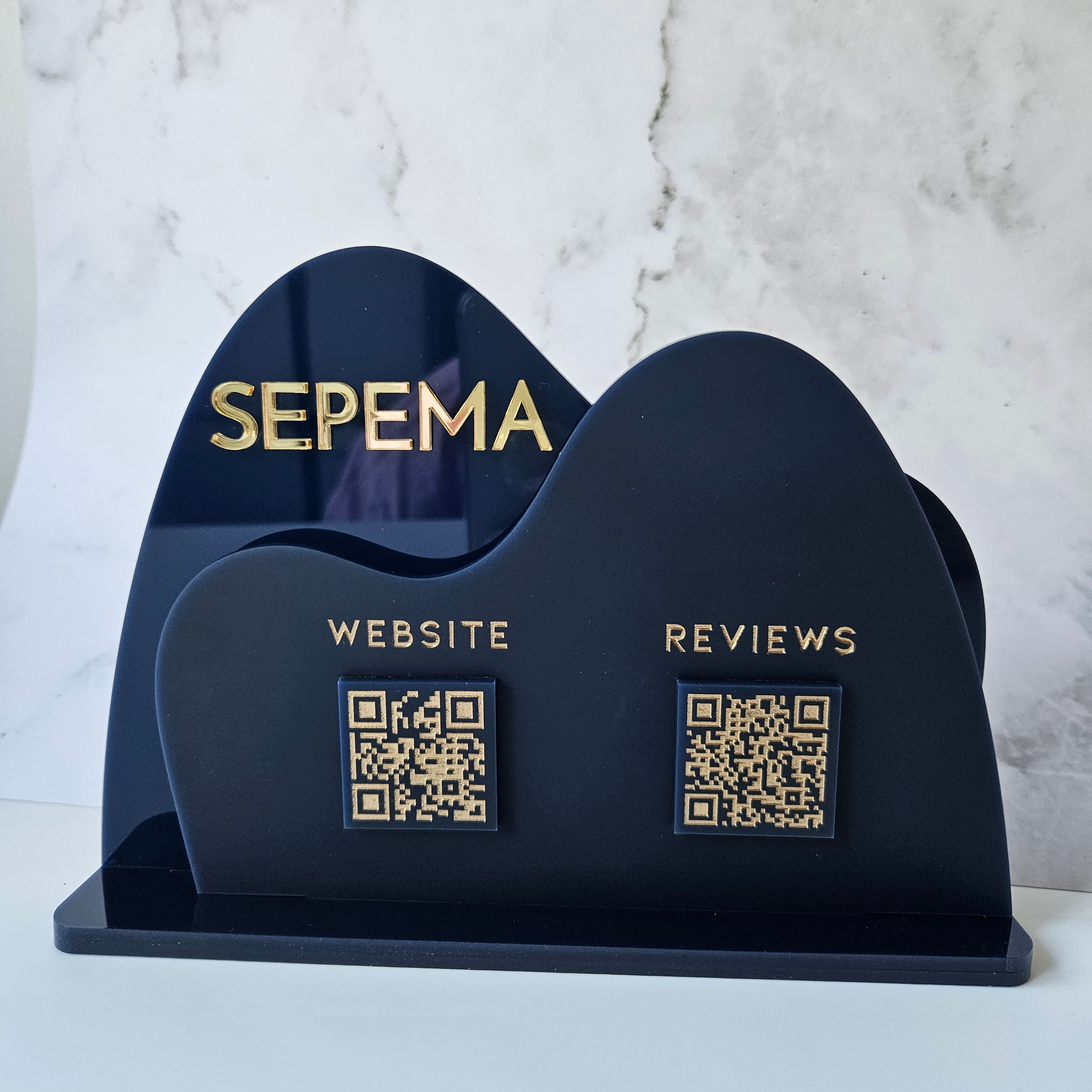 Navy Blue Double Wavy Sign with Business Logo and QR Codes in Gold Acrylic
