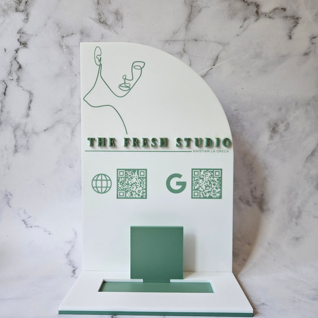 QR Code SIgn with cosmetic clinic business logo in white and sage green acrylic with QR Codes and Business Card Holder in Half Arch
