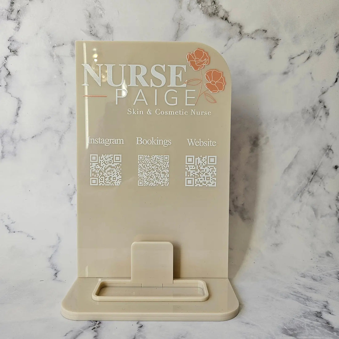 Rectangle QR Code Sign with Rounded Edge in Beige Acrylic with White Writing, Business Logo, Multi QR Codes and Business Card Holder