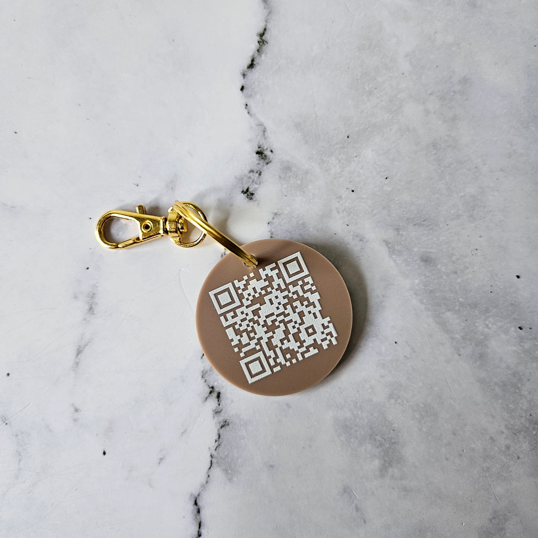 Round QR Code Keychain in Mocha Acrylic and White Writing