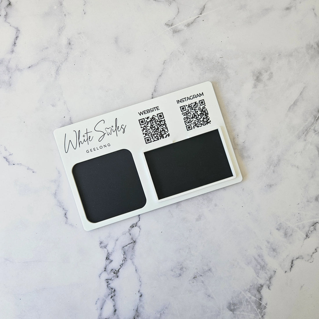 Flat Square Reader Dock with Business Card Holder and QR Codes, White Acrylic with Black Logo