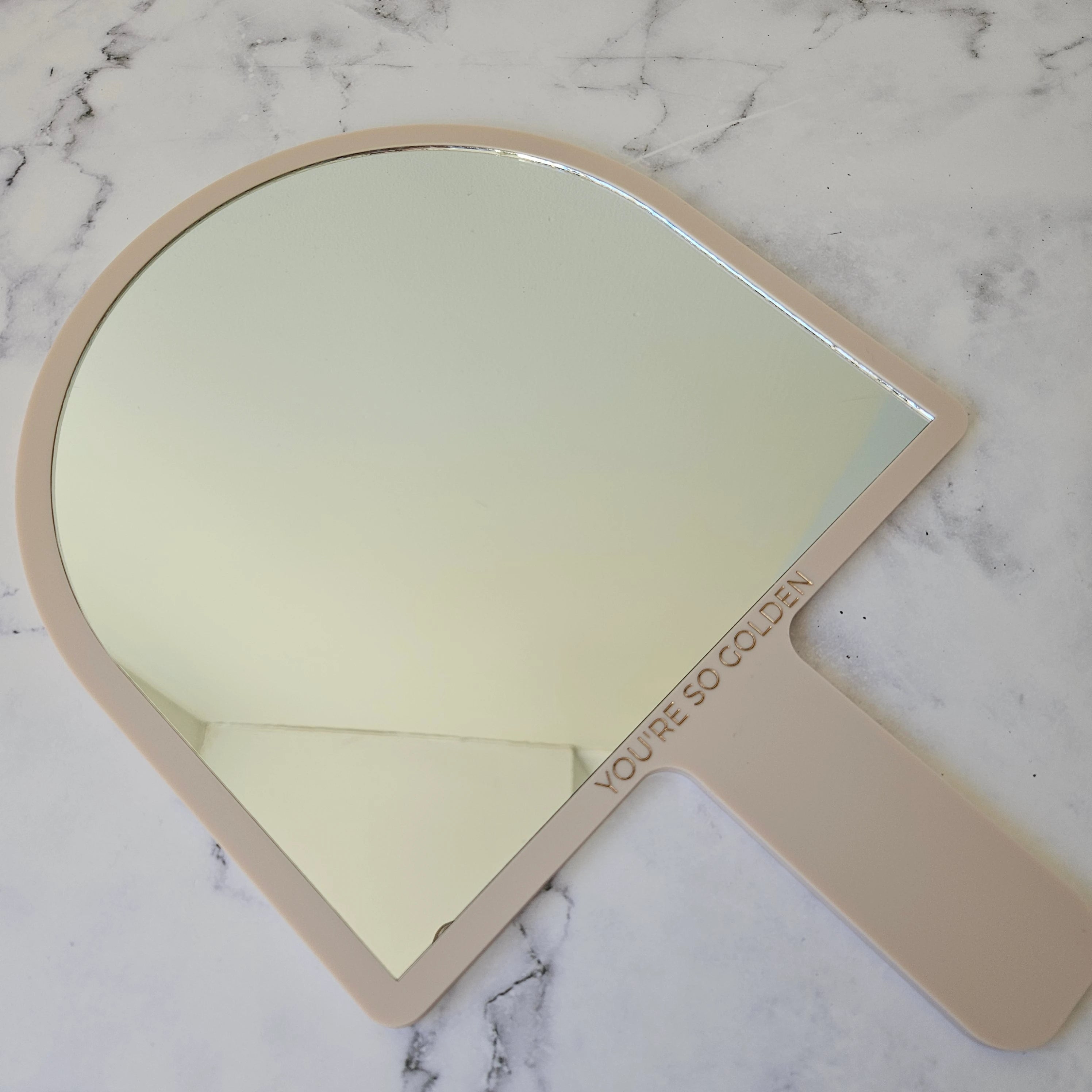 XL Arch Handheld Mirror in Dusty Pink Acrylic with Gold Writing you&