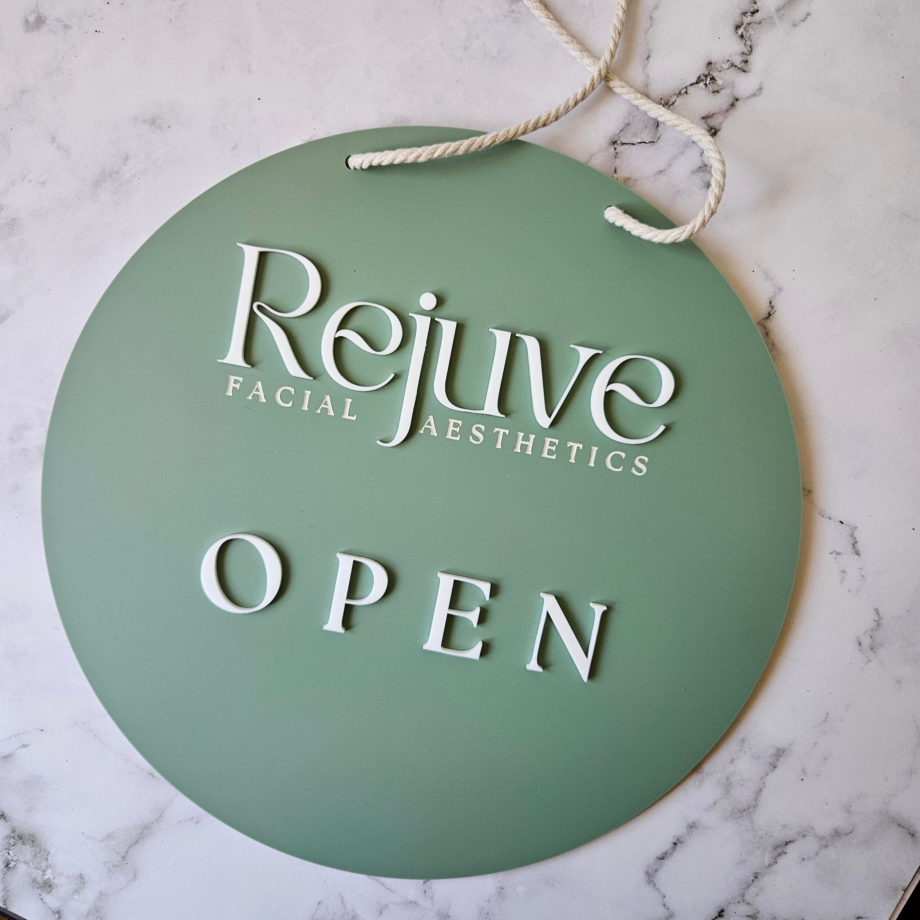 Custom Open and Closed Sign for Aesthetic Skin Injectable Clinic with sage green and white 3d Acrylic Letters