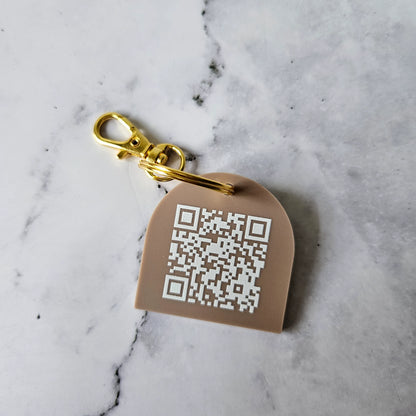 QR Code Keychain, Arch Shape with Mocha Acrylic and White Logo