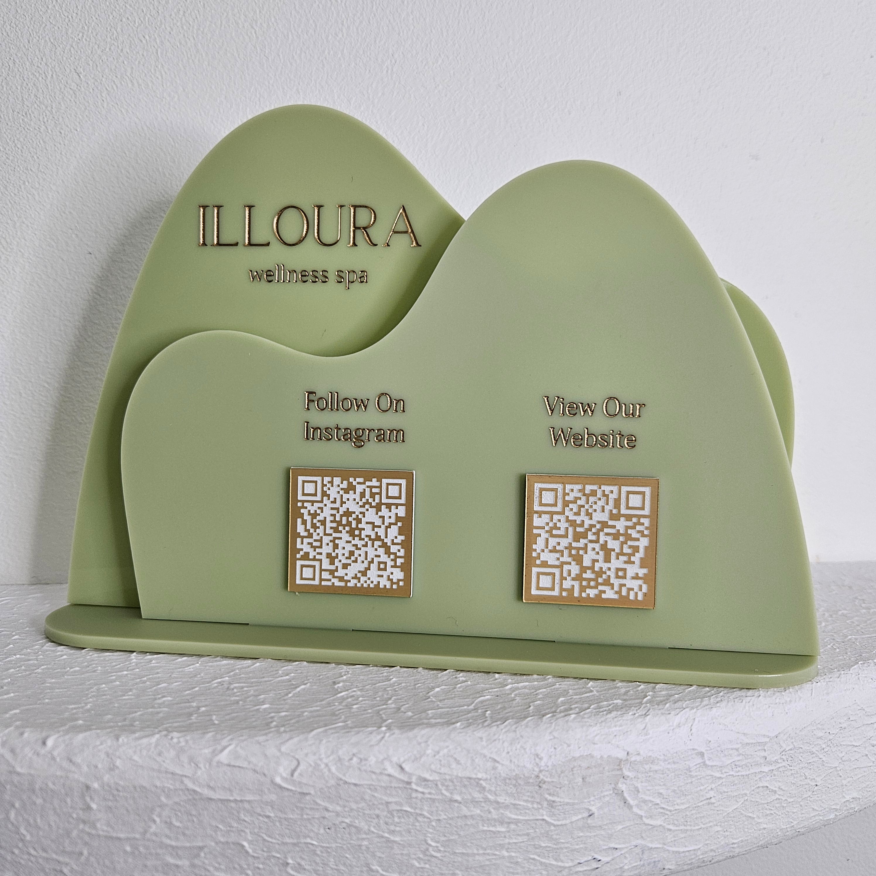 Wavy arch qr code sign with green acrylic and gold details