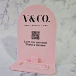 Arch QR Code Sign for Service Review in Baby Pink Acrylic and Black Writing, featuring Business Logo & Card Holder - Side View