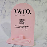 Arch QR Code Sign for Service Review in Baby Pink Acrylic and Black Writing, featuring Business Logo & Card Holder - Side View