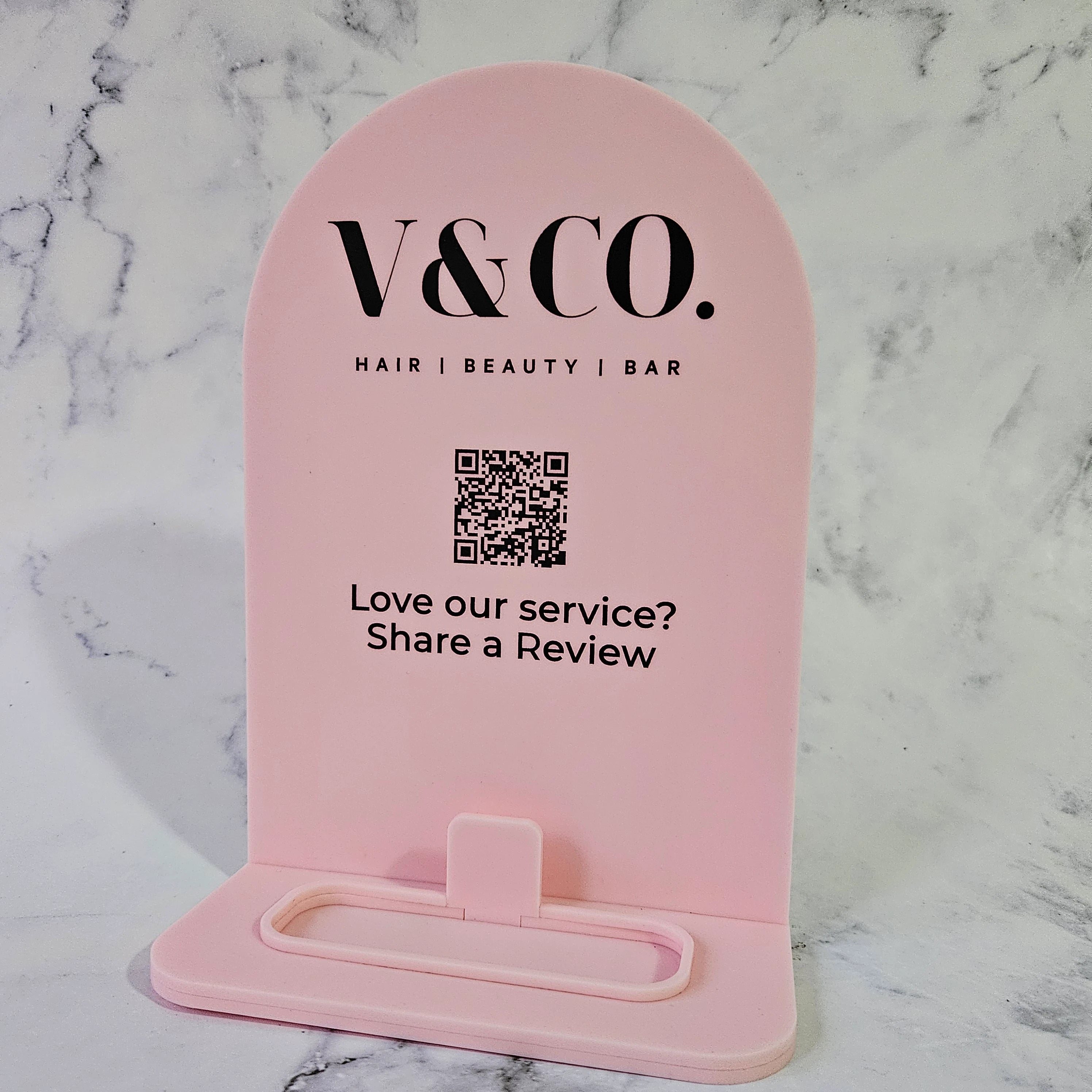 Arch QR Code Sign for Service Review in Baby Pink Acrylic and Black Writing, featuring Business Logo &amp; Card Holder - Side View