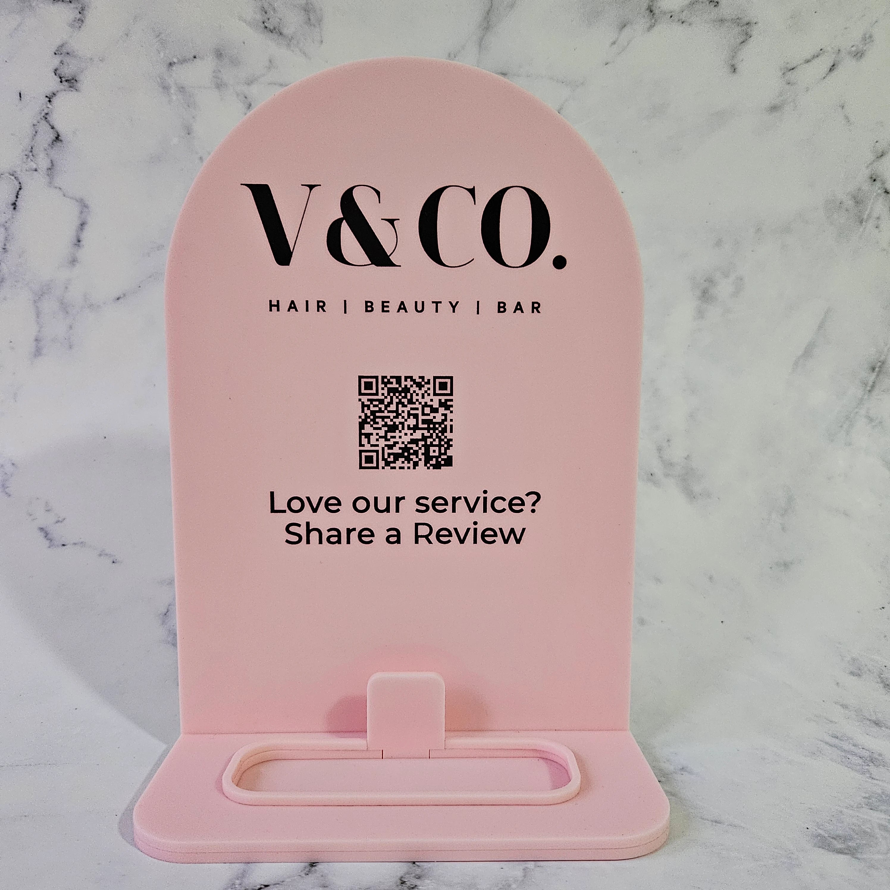 Arch QR Code Sign for Service Review in Baby Pink Acrylic and Black Writing, featuring Business Logo & Card Holder