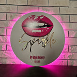 Backlit LED Sign with pink light, white acrylic round sign, UV Printed Logo & rose gold lettering