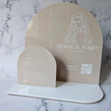 Arch Brochure Holder in Dark Beige Acrylic with White Logo and QR Code