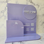 Custom Brochure Holder in Lilac acrylic (gloss) with White Logo