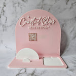 Square Dock Reader with 3D Acrylic Logo, Business Card Holder & Custom QR Code for Google Reviews, Pastel Pink Acrylic with White & Rose Gold Accents