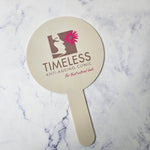 Round Handheld Mirror with UV Printed Logo and gloss beige acrylic