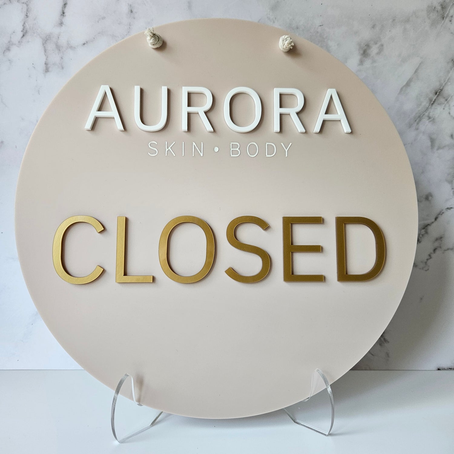 Custom Closed Sign for Skin &amp; Body Beauty Salon - Latte Acrylic Sign with 3D Acrylic White Logo and Gold Acrylic