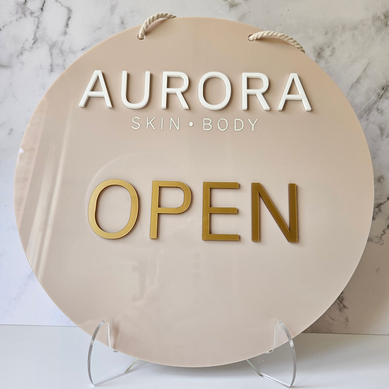 Custom Open Sign for Skin &amp; Body Beauty Salon - Latte Acrylic Sign with 3D Acrylic White Logo and Gold Acrylic