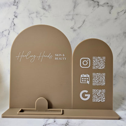 Double Arch Mocha Acrylic Multi QR Code Sign with Logo and Business Card Holder with White Writing