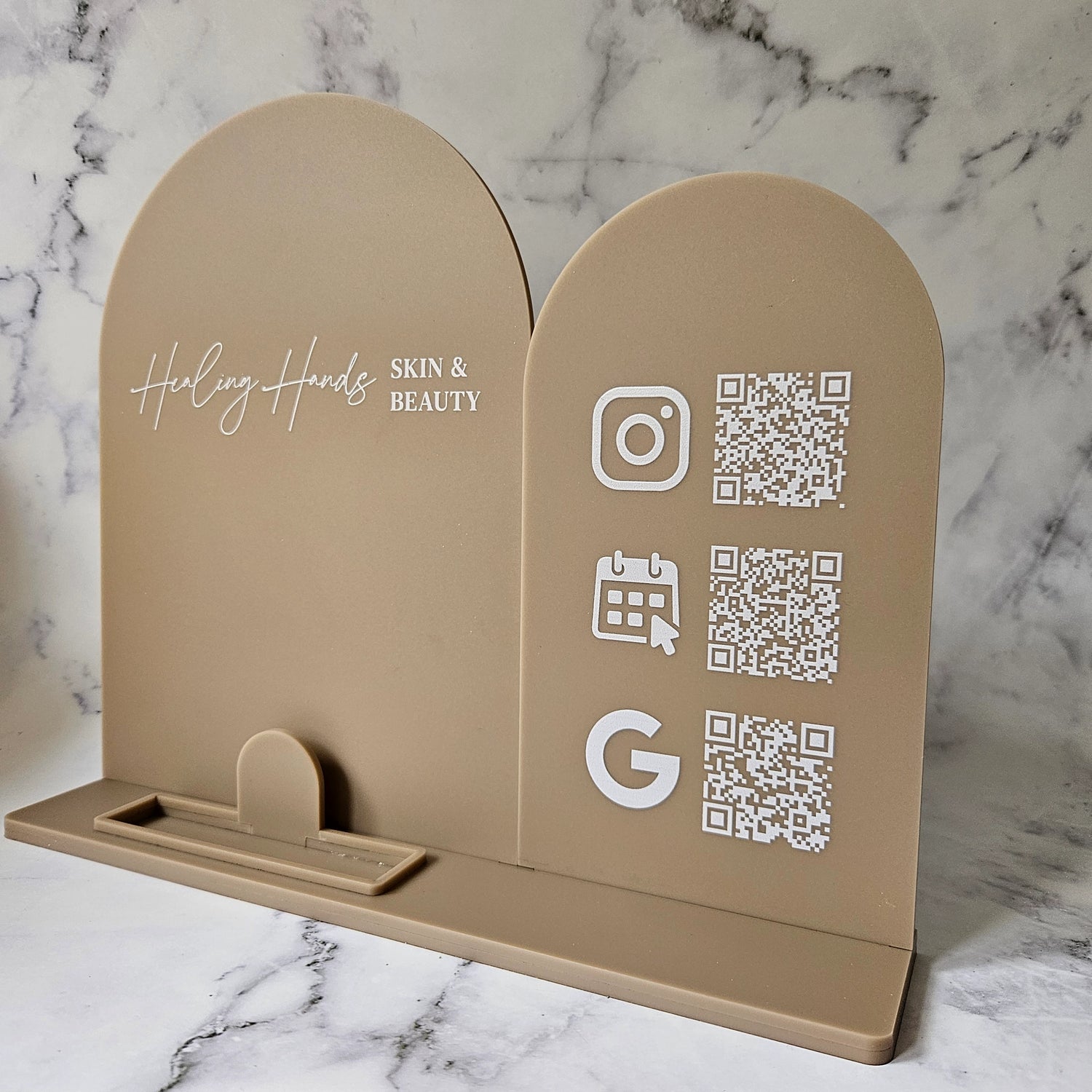 Double Arch Multi QR Code Sign with Logo and White Writing, Business Card Holder, Mocha Acrylic with White Writing
