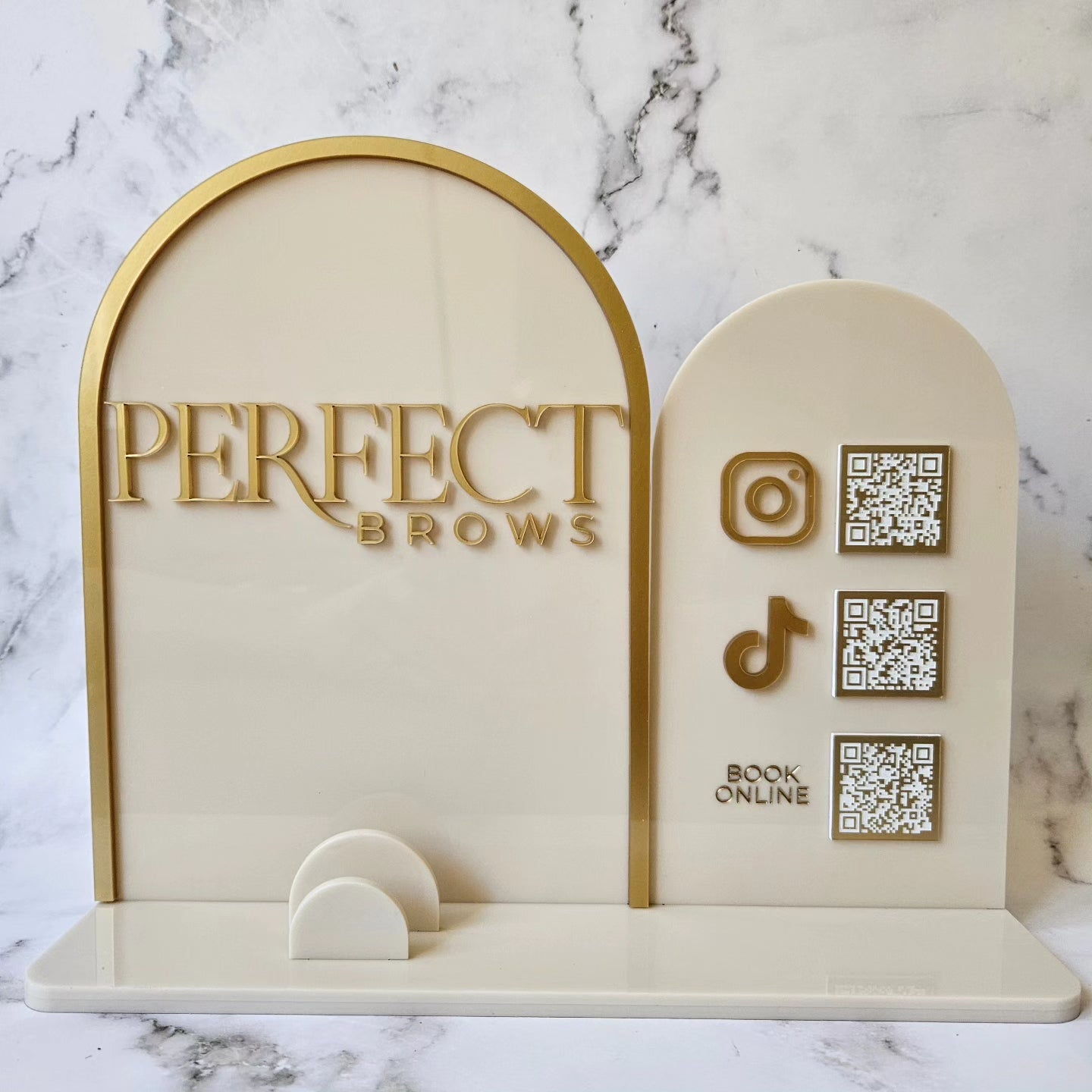 Double Arch Multi QR Code Sign and Business Card holder with Logo in Beige Acrylic and Gold