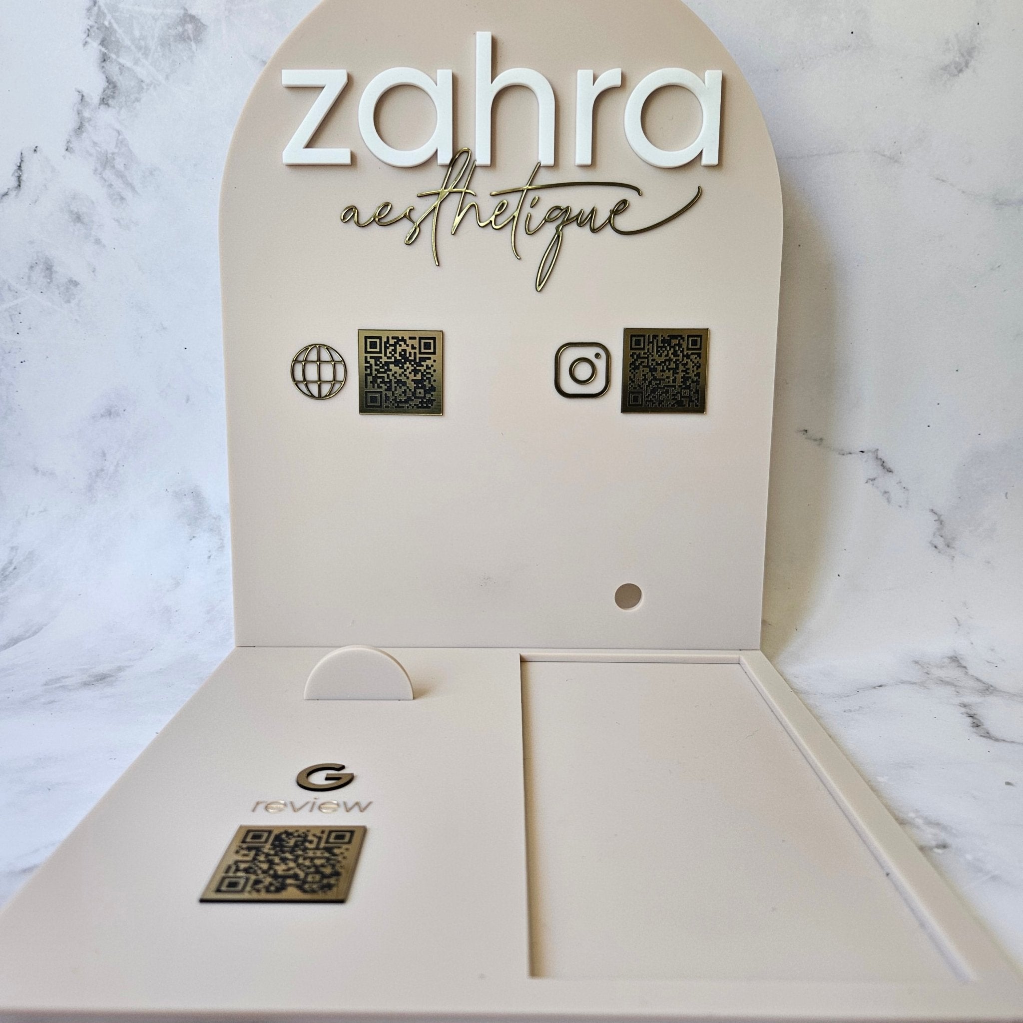 Multi QR Code Station with Eftpos Holder, Business Card Holder & Logo in Arch Shape