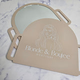 Arch hand held mirror for salons with white logo