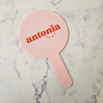 Round Hand Held Mirror with UV Printed Logo, Baby Pink Acrylic