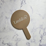 Round Handheld Mirror with White Logo in Mocha Acrylic