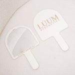 Custom Branded Handheld Mirror with Logo in Arch Shape & Cream Acrylic with Gold Writing